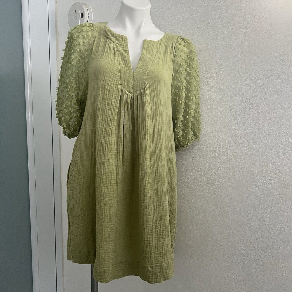 NEW Umgee Olive Green Mini Dress Puff Sleeve Swiss Dot MEDIUM Boho - Picture 13 of 15